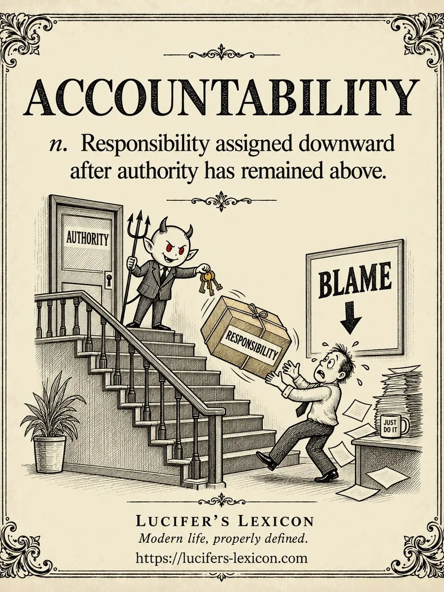 A hand-drawn satirical comic showing Lucifer retaining the keys of authority upstairs while sending a responsibility parcel downhill to a worker who receives the blame.
