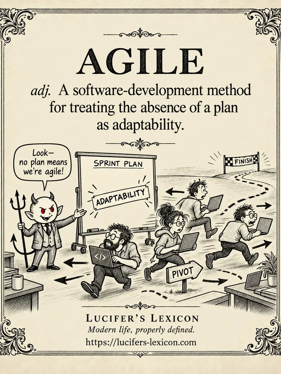 A hand-drawn satirical comic showing Lucifer presenting a blank sprint plan as total adaptability while a software team begins work without a plan.