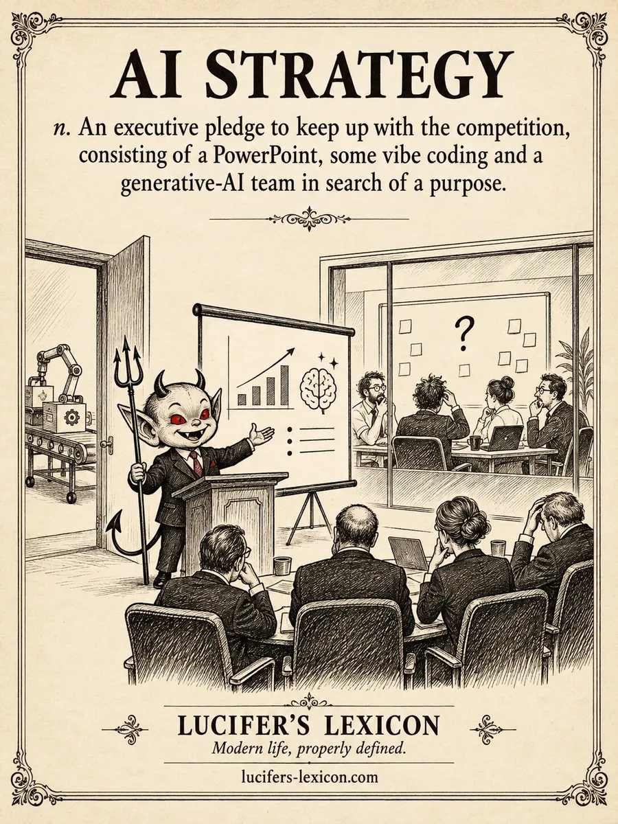A hand-drawn satirical comic showing Lucifer presenting an AI strategy while a generative-AI team searches a blank board for a purpose and a practical automation workflow waits unused outside.