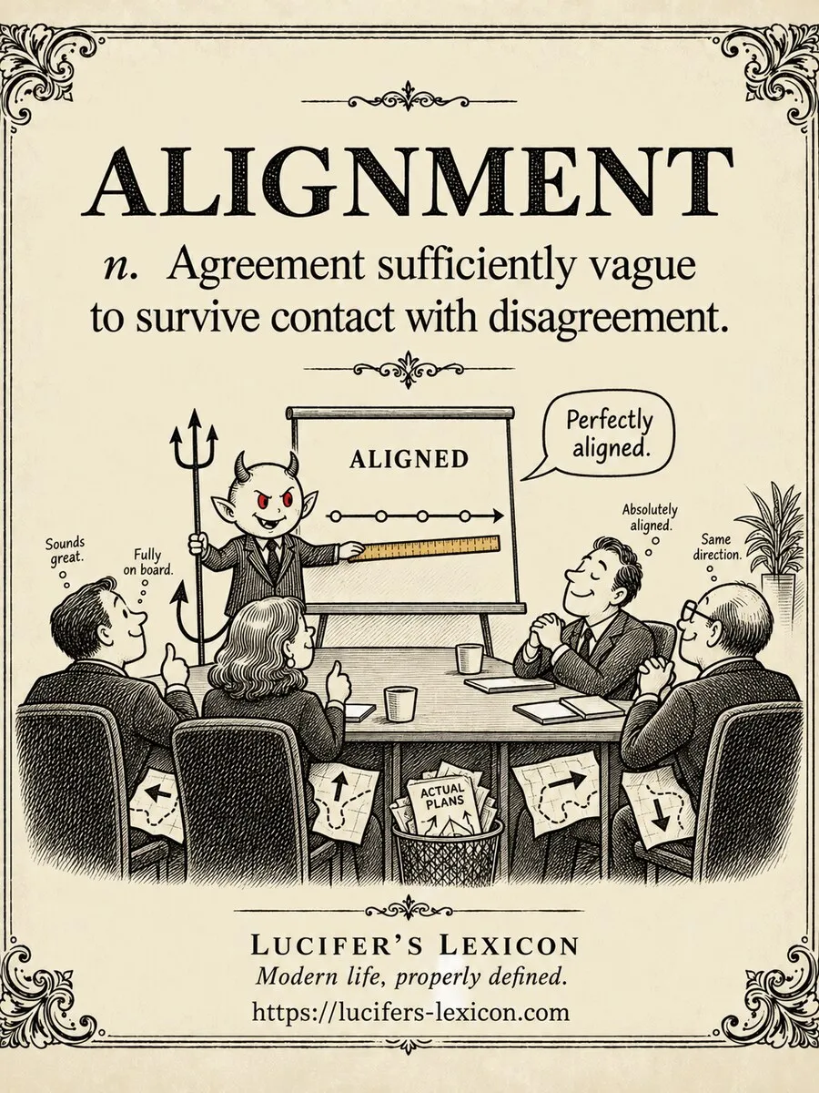 A hand-drawn satirical comic showing Lucifer presenting a neat alignment diagram while agreeable colleagues hide papers and arrows pointing in different directions.