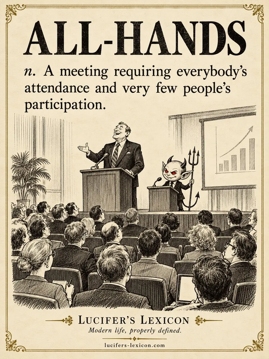 A hand-drawn satirical comic showing a packed audience attending an executive presentation while only the executive and compact Lucifer speak at the microphones.