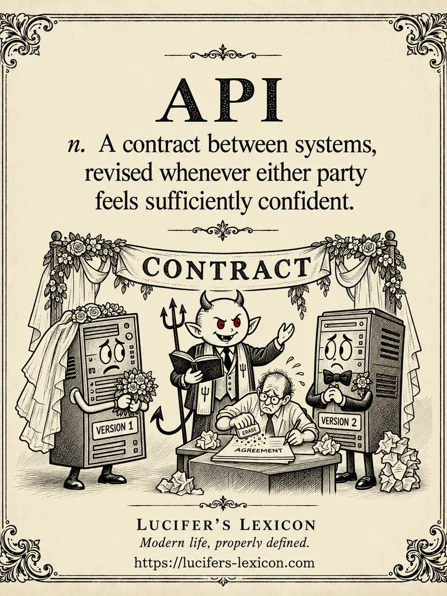 A hand-drawn satirical comic showing Lucifer officiating a contract ceremony between version one and version two systems while a clerk repeatedly erases and rewrites the agreement.