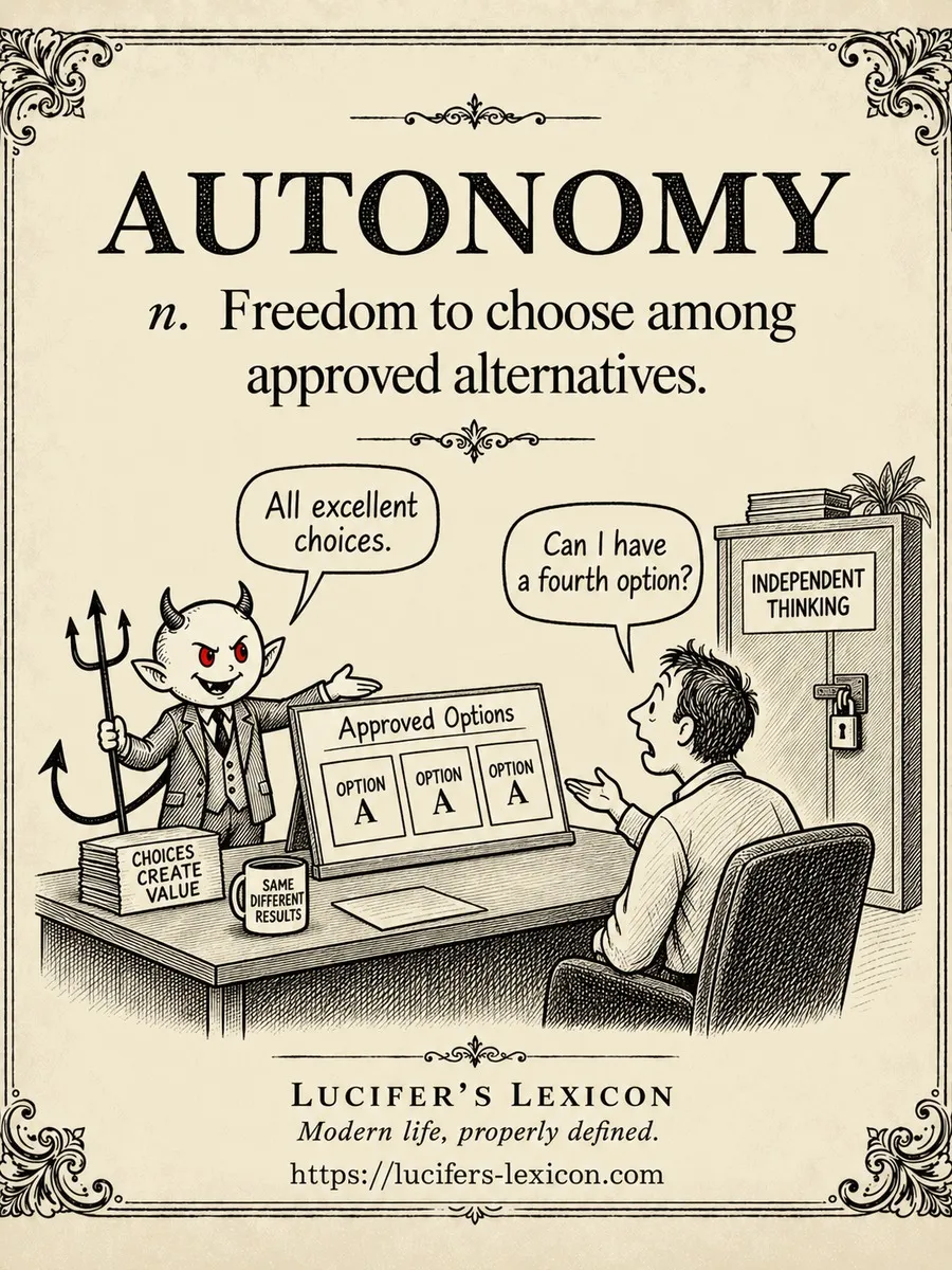 A hand-drawn satirical comic showing Lucifer offering an employee three identical approved choices while a locked cupboard labelled independent thinking stands behind them.