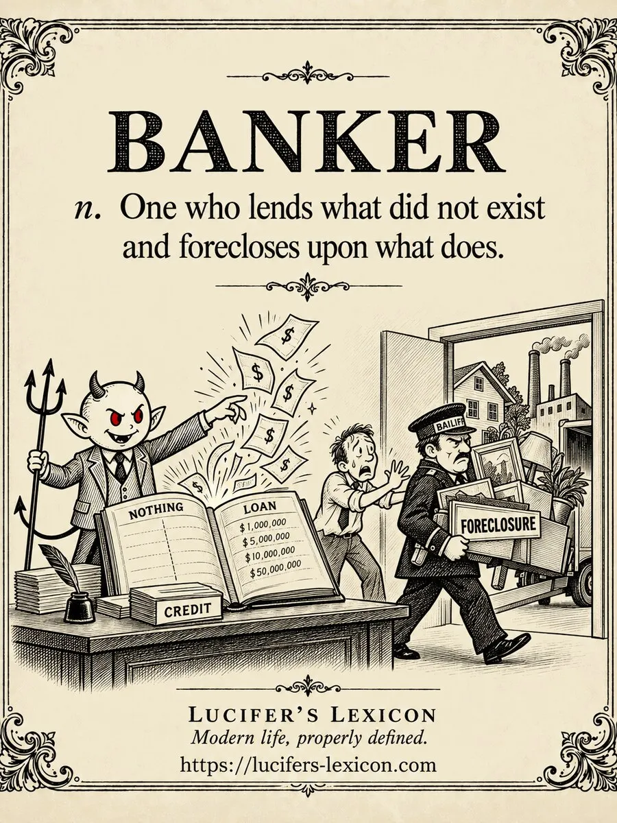 A hand-drawn satirical comic showing Lucifer conjuring money from an empty ledger while a foreclosure board fills with real assets.