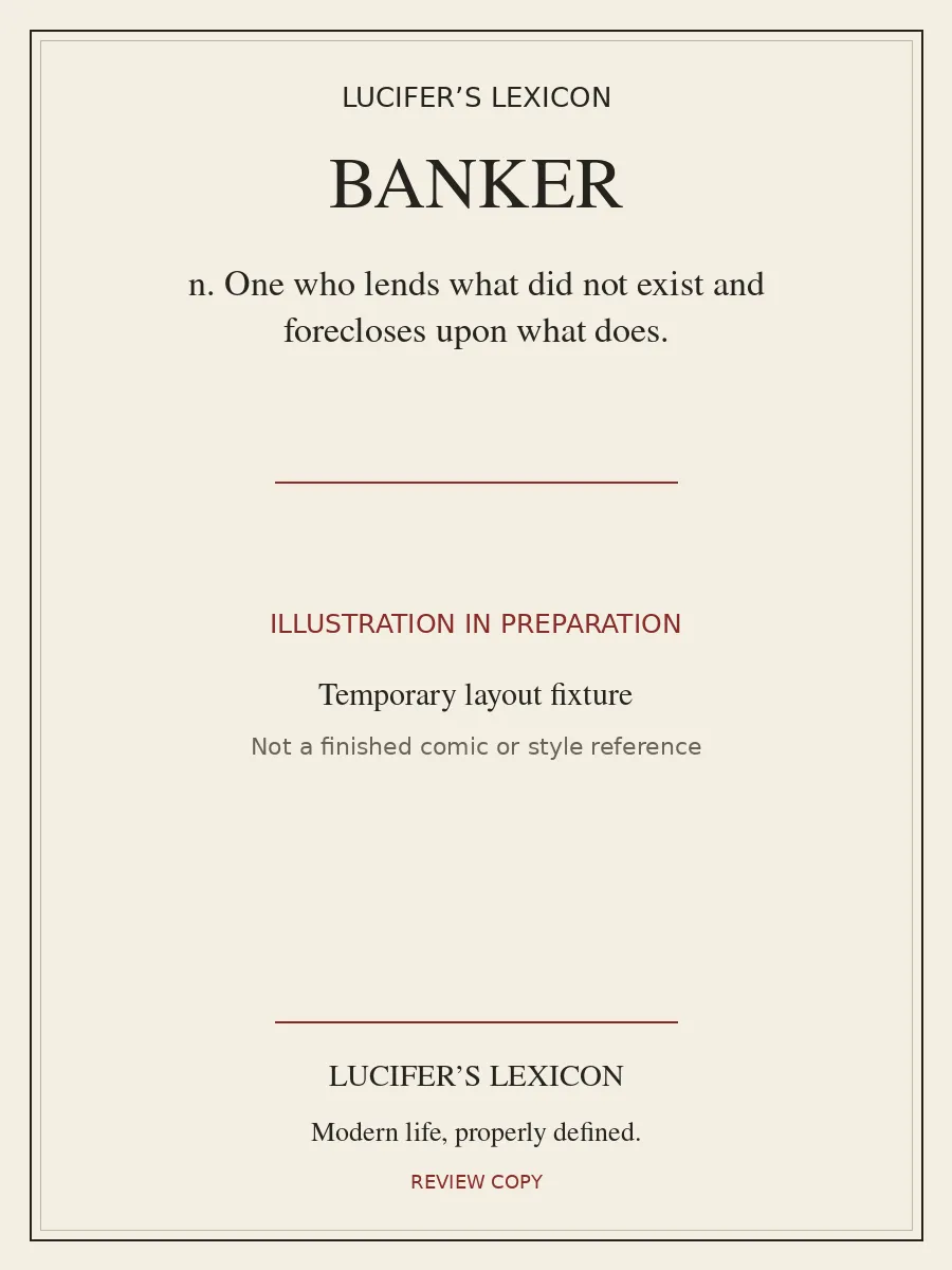 Temporary typographic card for BANKER, labelled illustration in preparation. No finished cartoon is included.