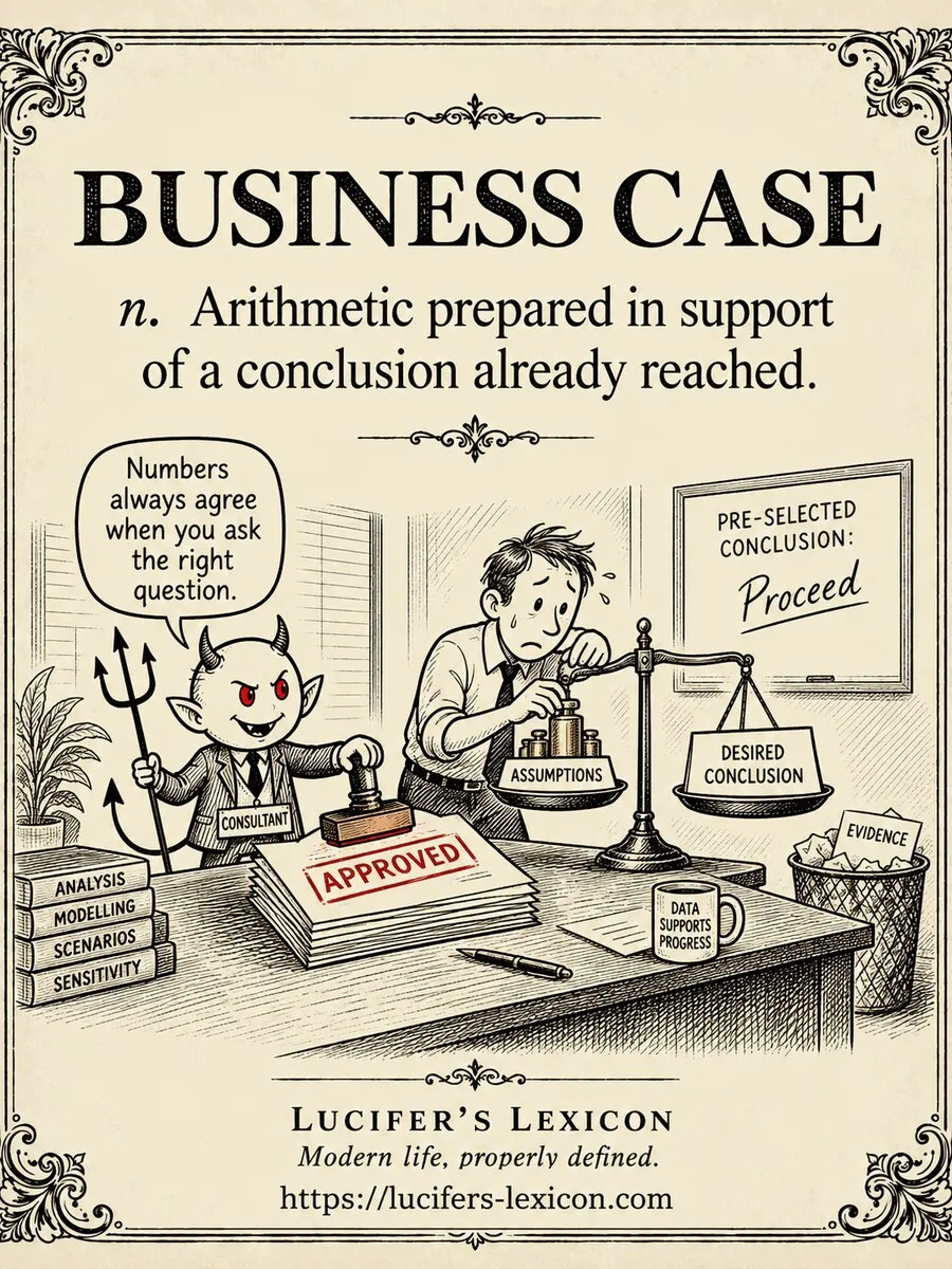 A hand-drawn satirical comic showing Lucifer approving a pre-selected conclusion while an analyst weights the arithmetic with assumptions and discards the evidence.