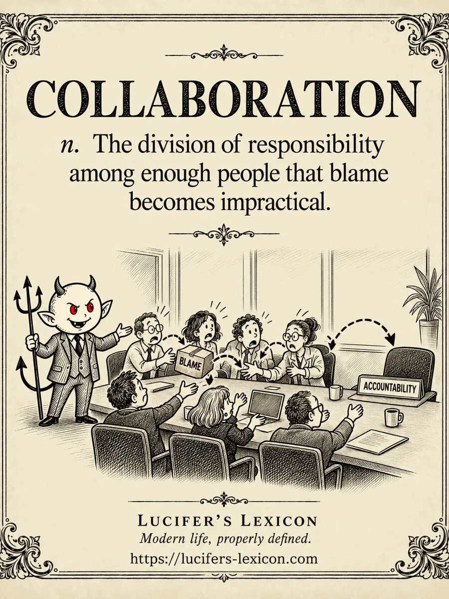 A hand-drawn satirical comic showing Lucifer beside colleagues passing a blame parcel around a conference table while an empty chair labelled accountability receives none of it.