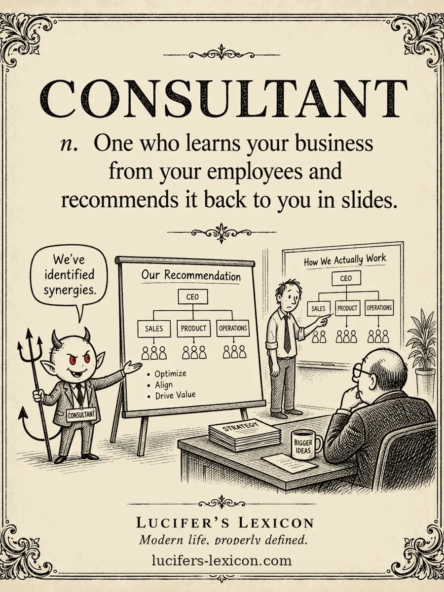 A hand-drawn satirical comic showing Lucifer presenting a consultant's recommendation while the organisation behind it is quietly rearranged.