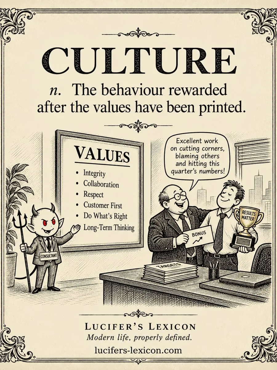 A hand-drawn satirical comic showing a pristine values poster while management rewards corner-cutting, blame and quarterly results.