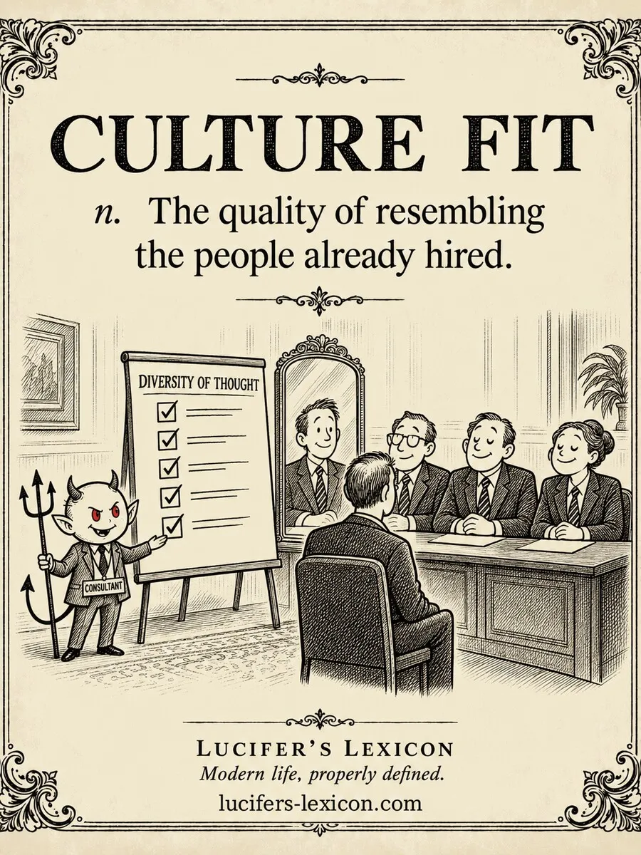 A hand-drawn satirical comic showing a hiring panel assessing a candidate whose reflection and interviewers share the same appearance, while Lucifer points to a checklist marked “Diversity of Thought”.