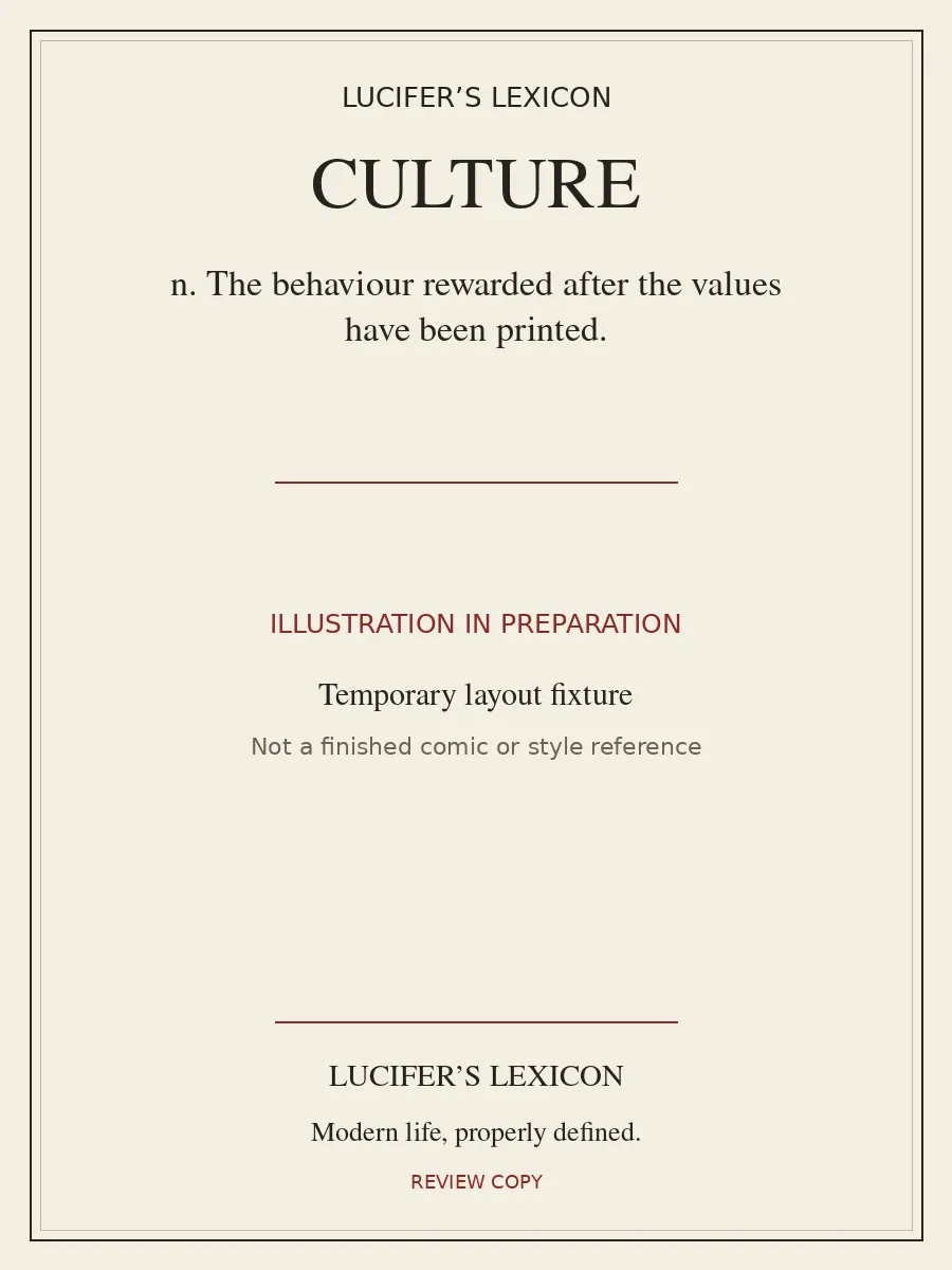 Temporary typographic card for CULTURE, labelled illustration in preparation. No finished cartoon is included.