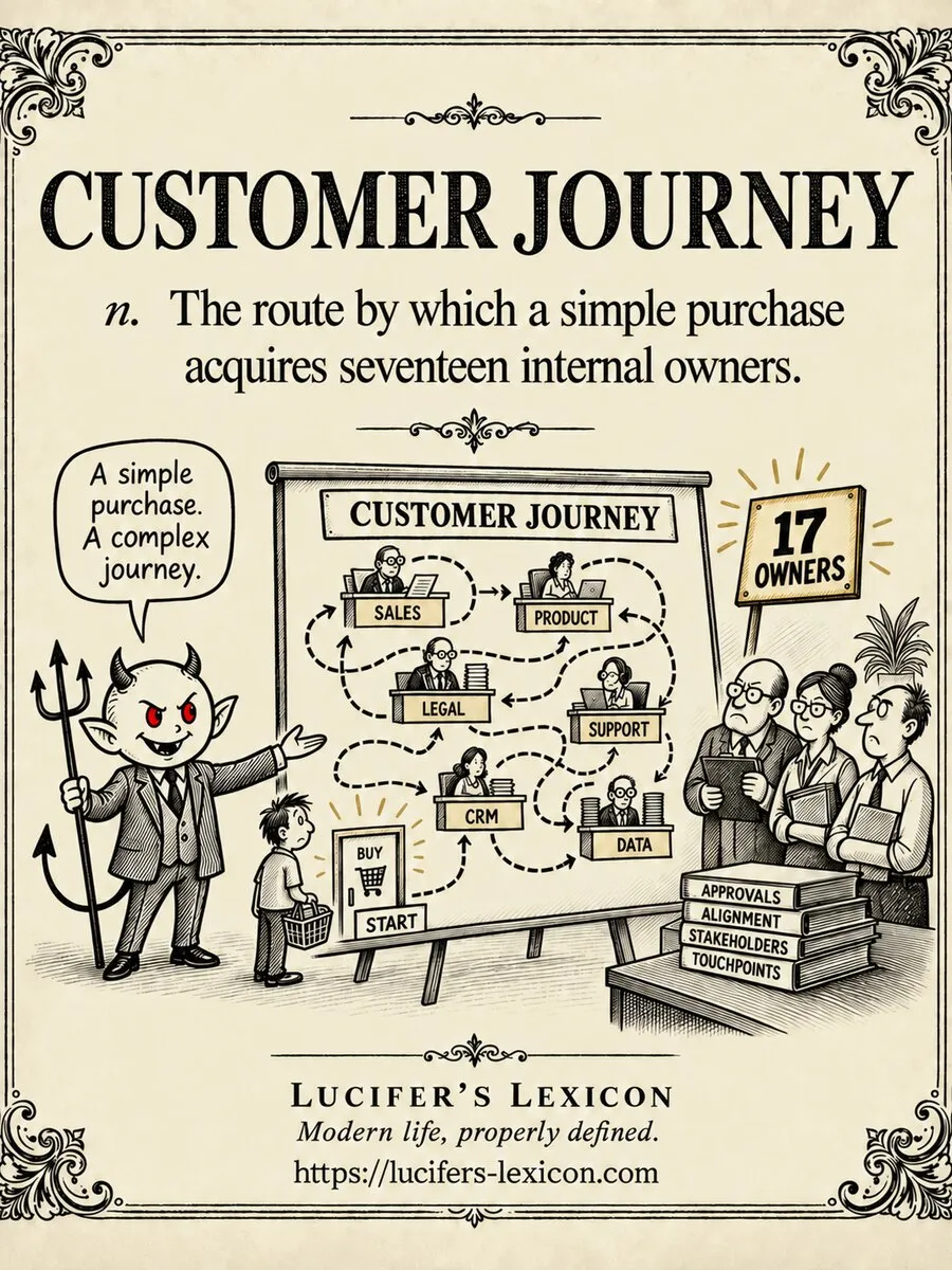 A hand-drawn satirical comic showing Lucifer presenting a customer journey map that sends a simple purchase through six departments and seventeen internal owners.
