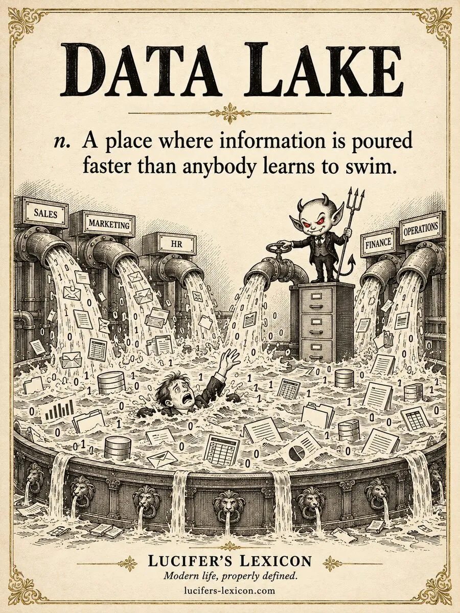 A hand-drawn satirical comic showing departmental pipes flooding a vast data lake while an employee struggles to swim and compact Lucifer calmly opens another valve.