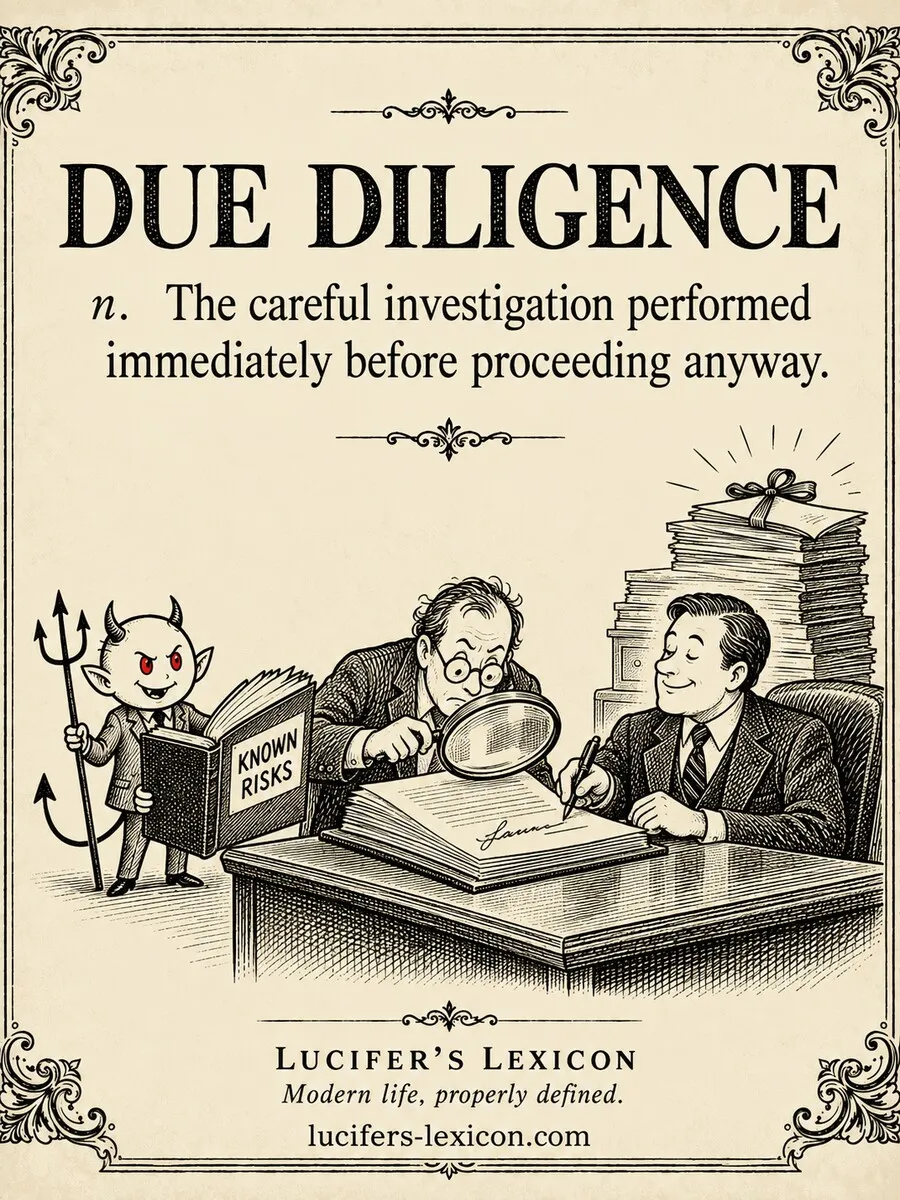 A hand-drawn satirical comic showing an auditor examining a contract with a magnifying glass as an executive signs it, while Lucifer holds a file marked “Known Risks”.