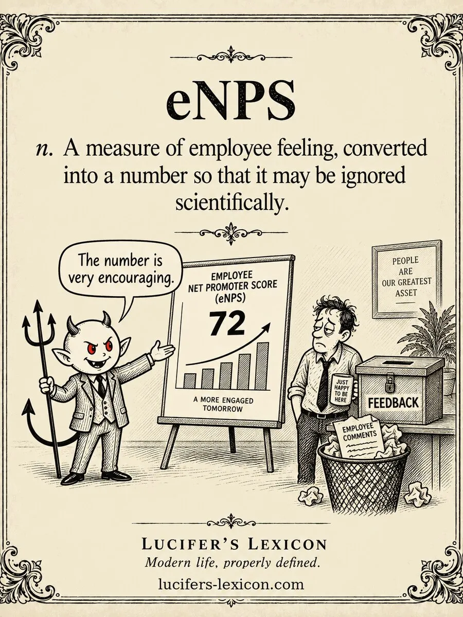 A hand-drawn satirical comic showing Lucifer presenting a rising employee score while employee comments are discarded in a feedback bin.