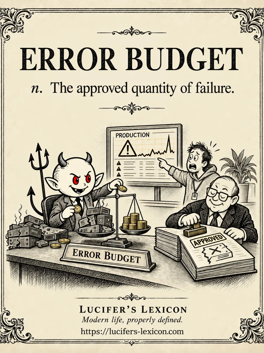 A hand-drawn satirical comic showing Lucifer weighing broken servers as coins under an error-budget sign while an executive stamps an alarming production failure as approved.