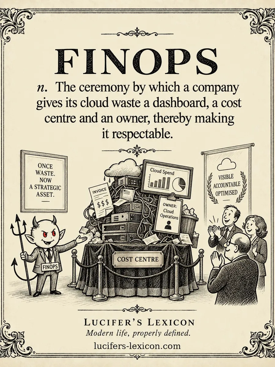 A hand-drawn satirical comic showing Lucifer presiding over a ceremony that gives a leaking pile of cloud waste a dashboard, a cost centre and an owner, thereby making it respectable.