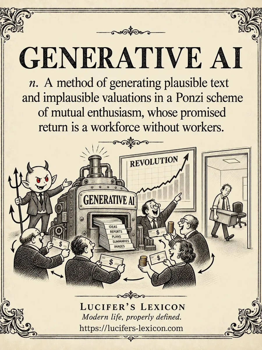 A hand-drawn satirical comic showing Lucifer presiding over a circular investment procession around a generative AI machine while the last office worker removes the final desk.