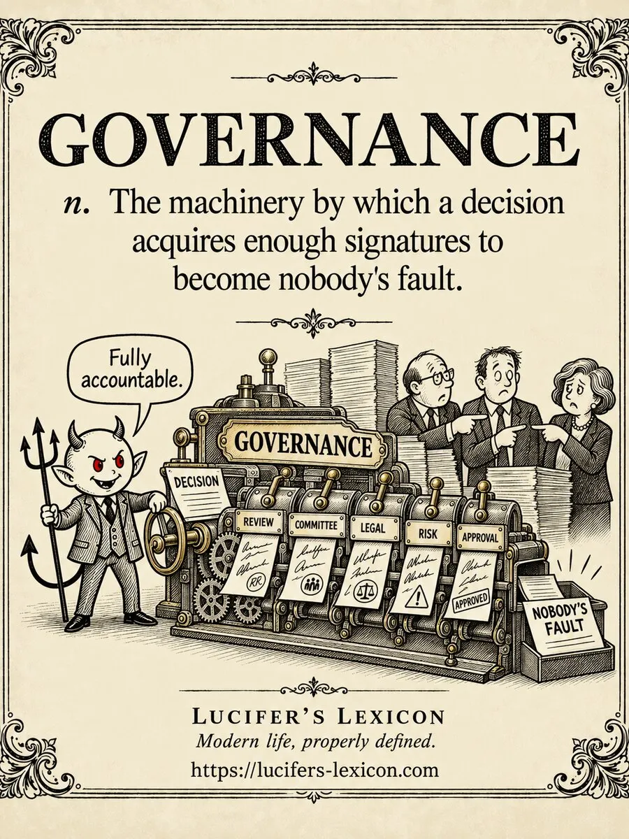 A hand-drawn satirical comic showing Lucifer operating a governance machine that collects signatures before producing an output labelled NOBODY'S FAULT.