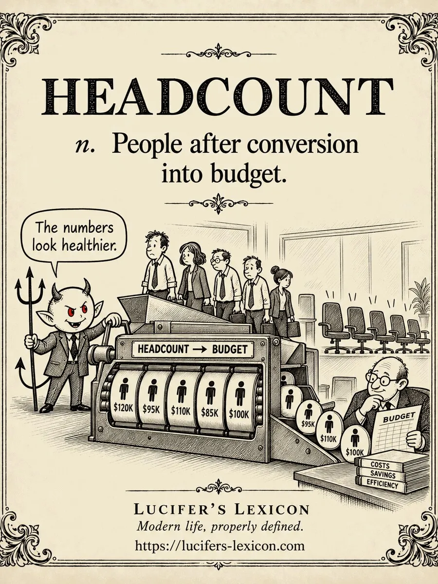 A hand-drawn satirical comic showing Lucifer operating an accounting machine that converts office workers into budget tokens while empty chairs accumulate behind it.