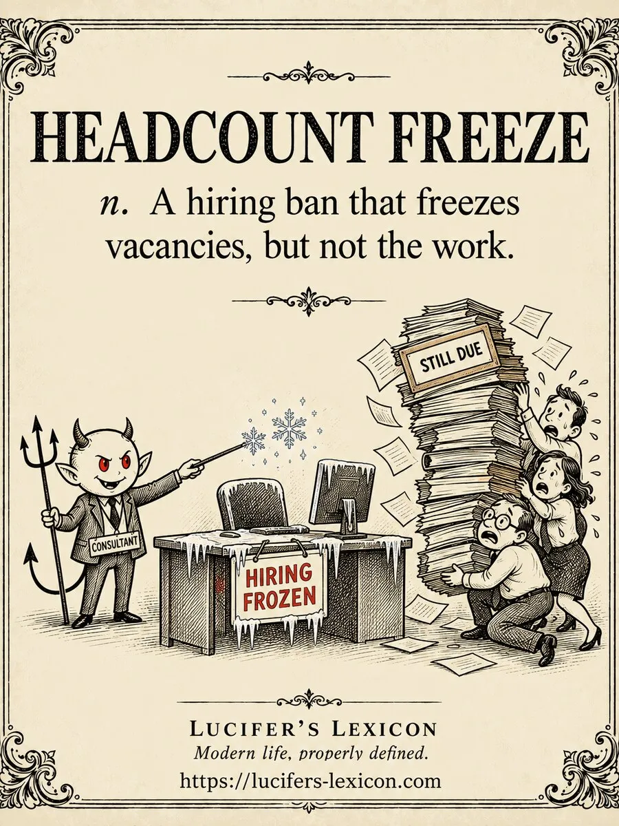 A hand-drawn satirical comic showing Lucifer freezing a vacant office desk beneath a hiring-frozen sign while a towering pile of work folders threatens busy workers.