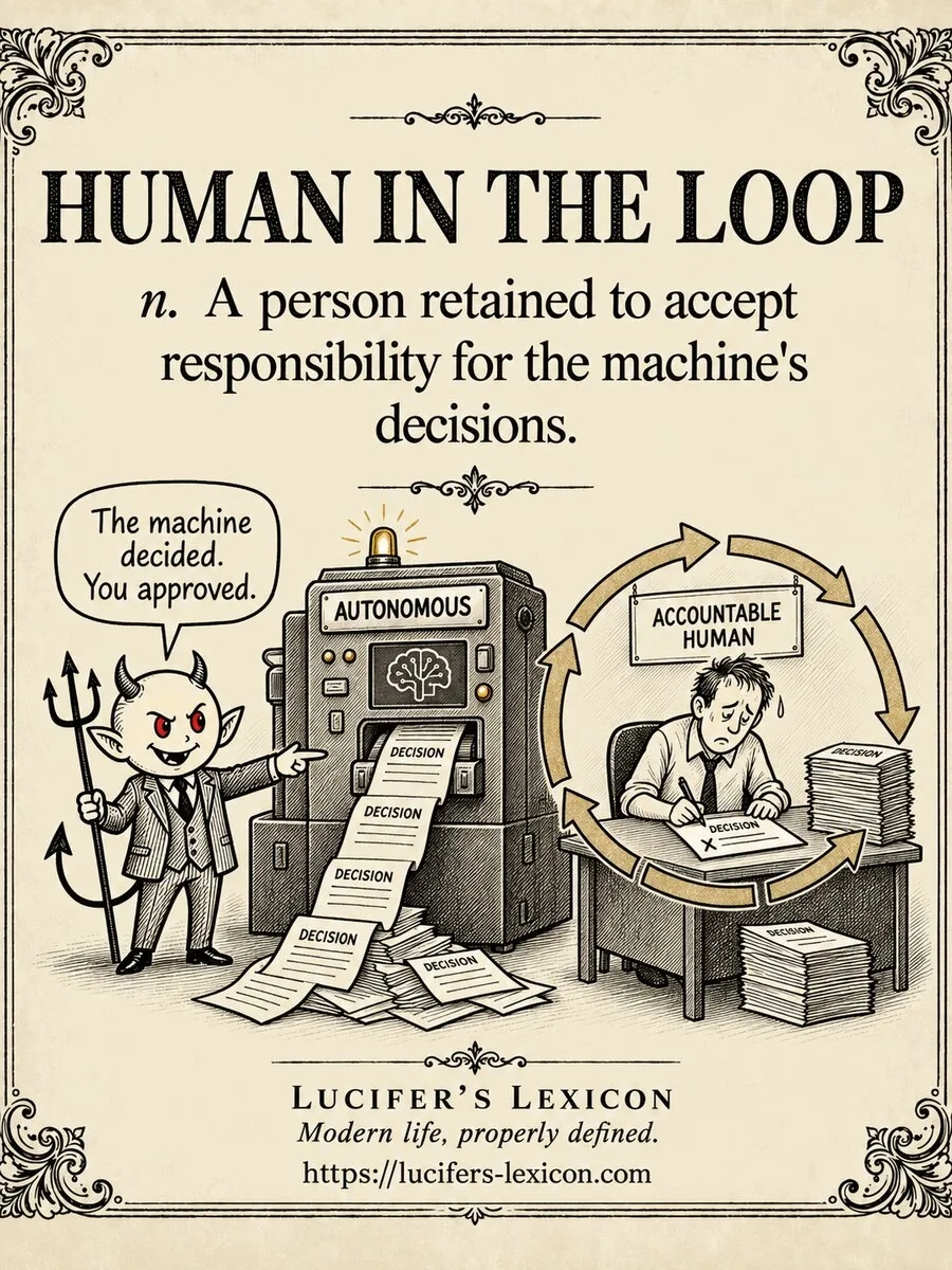 A hand-drawn satirical comic showing Lucifer beside an autonomous decision machine while a weary accountable human signs its output inside a circular workflow.