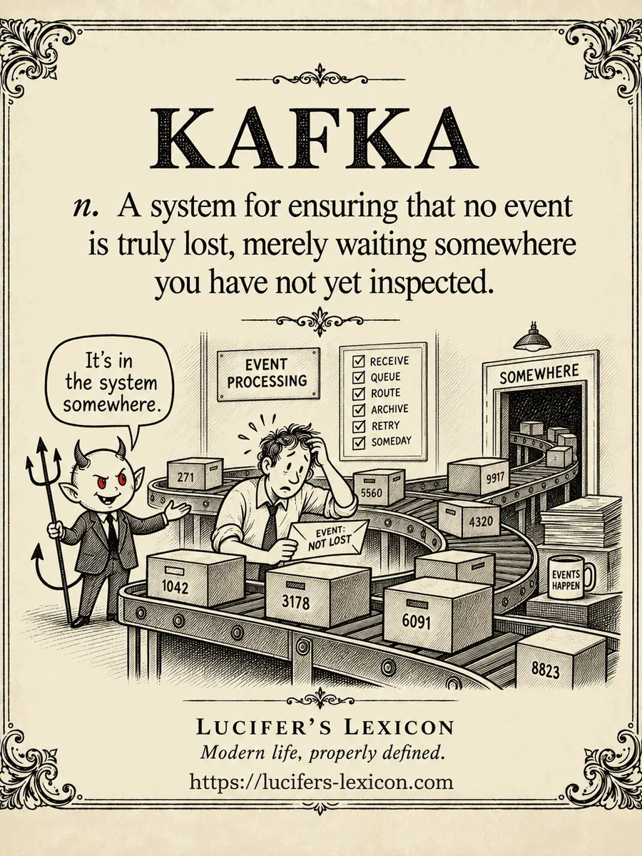 A hand-drawn satirical comic showing Lucifer beside endless event-processing conveyors while an engineer searches for an event labelled NOT LOST.