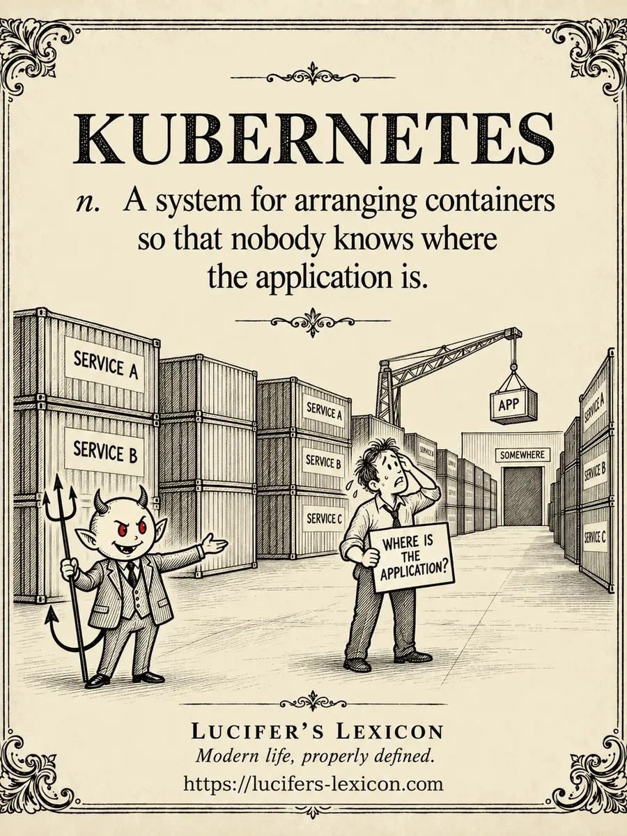 A hand-drawn satirical comic showing Lucifer beside a warehouse of service containers while an engineer searches for an application being moved towards a door labelled somewhere.