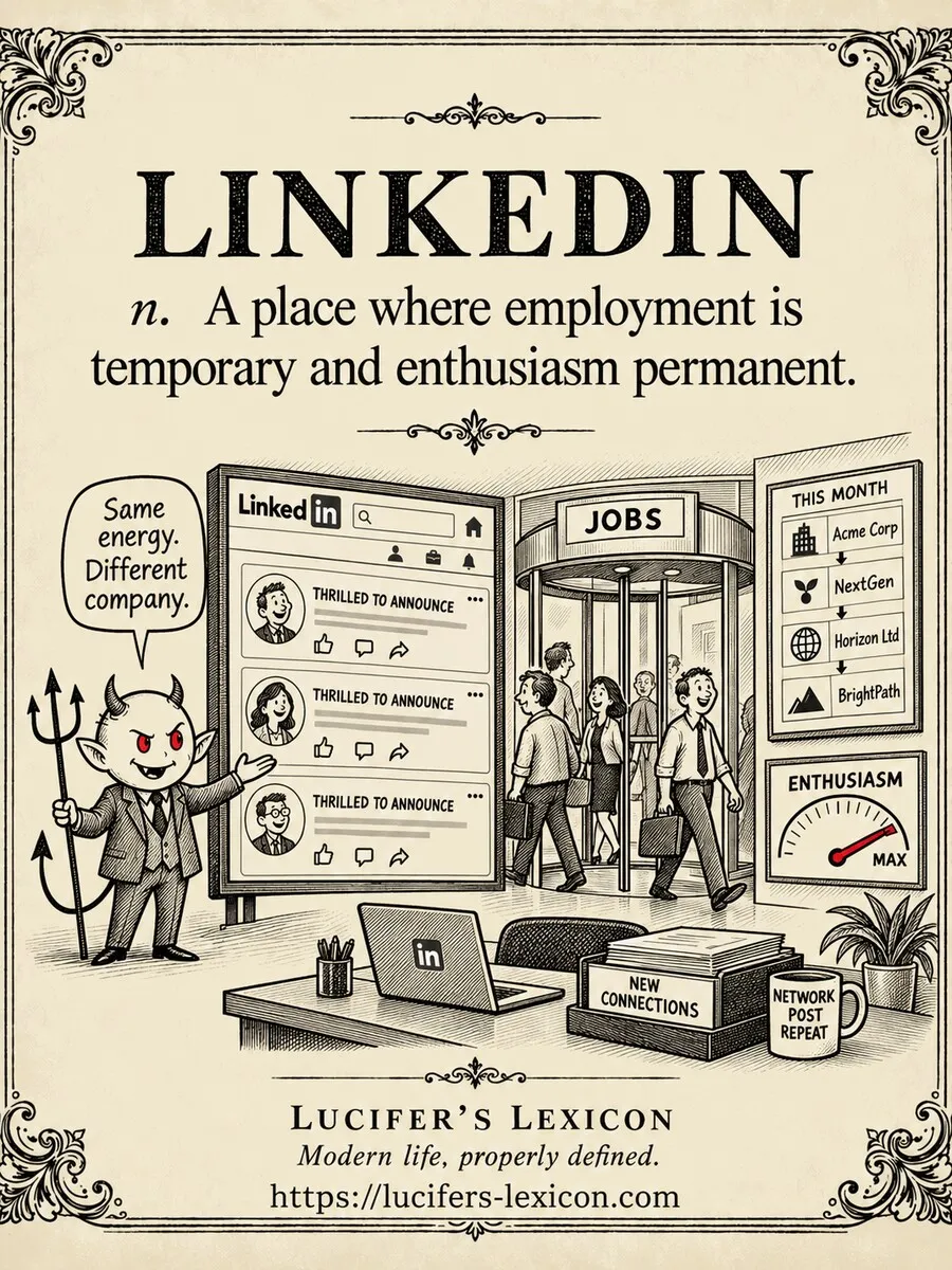 A hand-drawn satirical comic showing Lucifer curating identical thrilled-to-announce posts while workers rotate through employers and an enthusiasm gauge remains fixed at maximum.