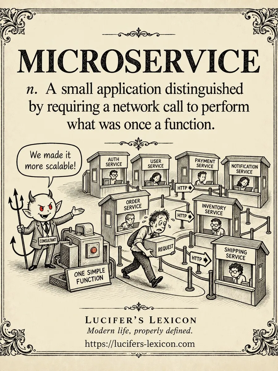 A hand-drawn satirical comic showing Lucifer presenting a simple machine divided into many service booths while an engineer carries one request through a maze of network toll gates.