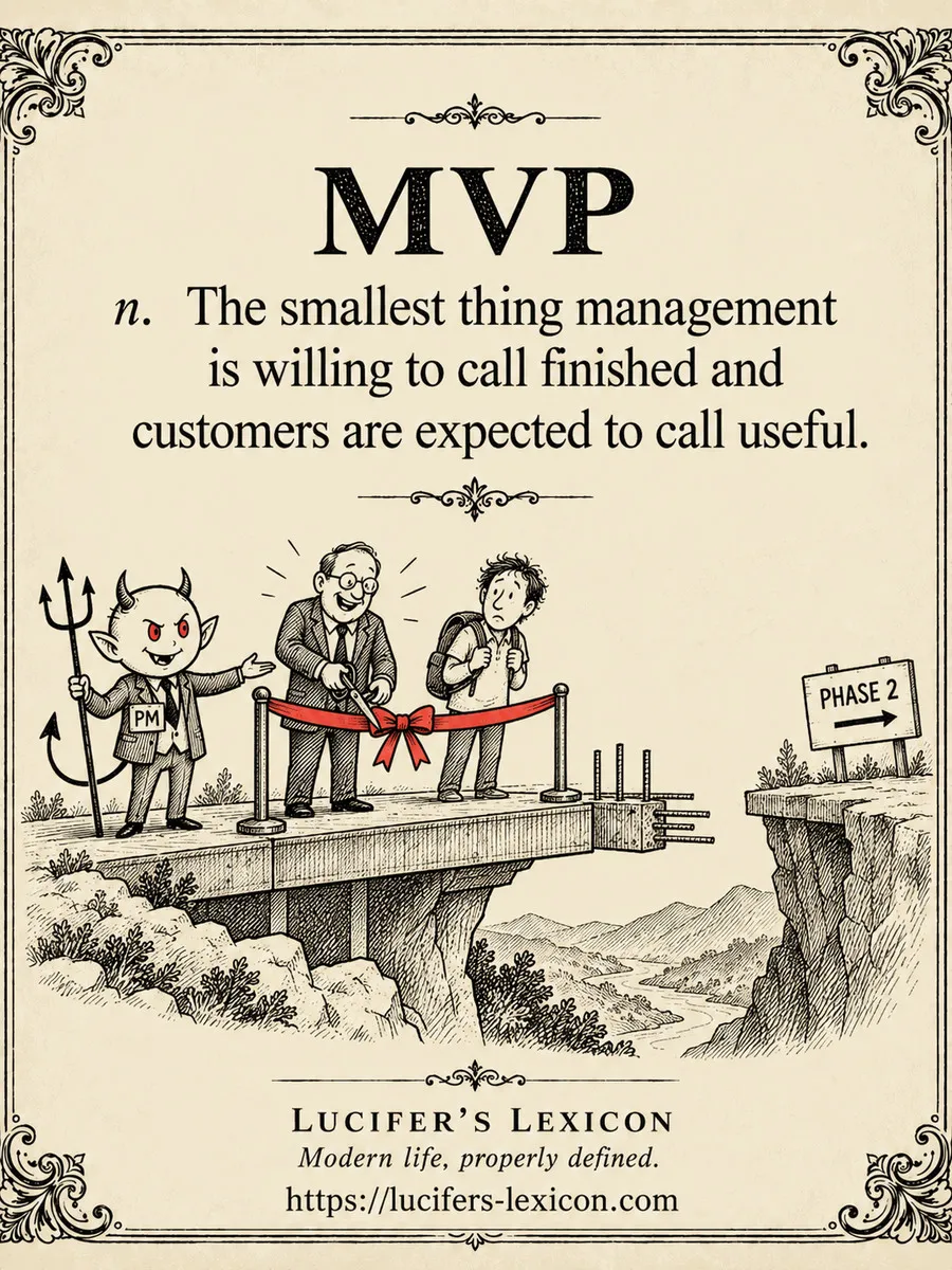 A hand-drawn satirical comic showing Lucifer presenting a ribbon-cutting ceremony for a half-built bridge while a customer faces the missing span marked Phase 2.