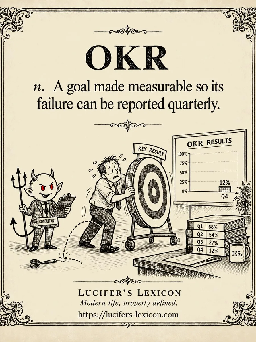 A hand-drawn satirical comic showing Lucifer recording a key result while an executive moves a missed bullseye; a quarterly chart reports the miss with exact precision.