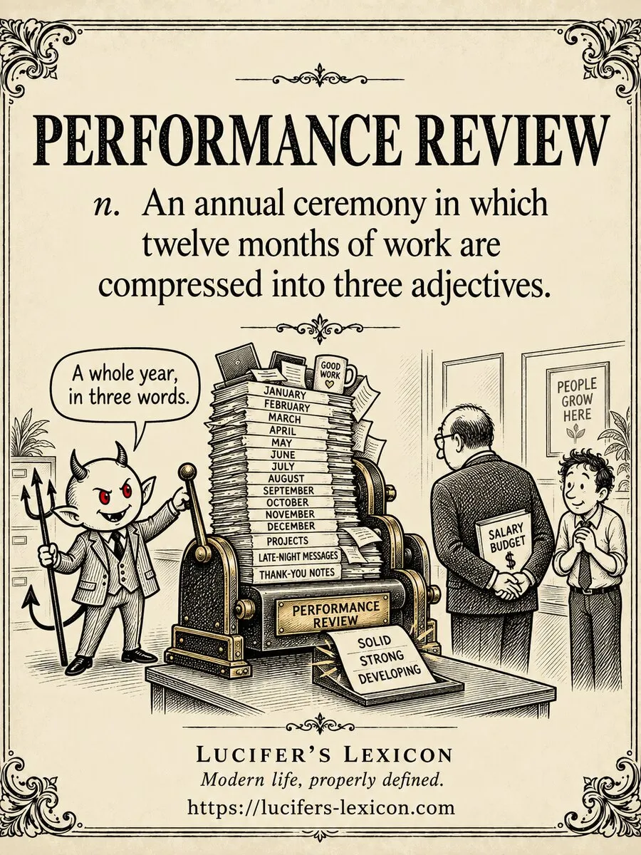 A hand-drawn satirical comic showing Lucifer compressing twelve months of an employee's work into a review card containing the adjectives solid, strong and developing.