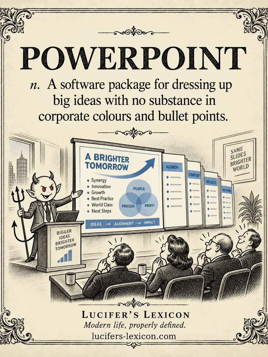 A hand-drawn satirical comic showing Lucifer presenting polished corporate slides full of arrows, circles and bullet points while the audience applauds the empty ideas.