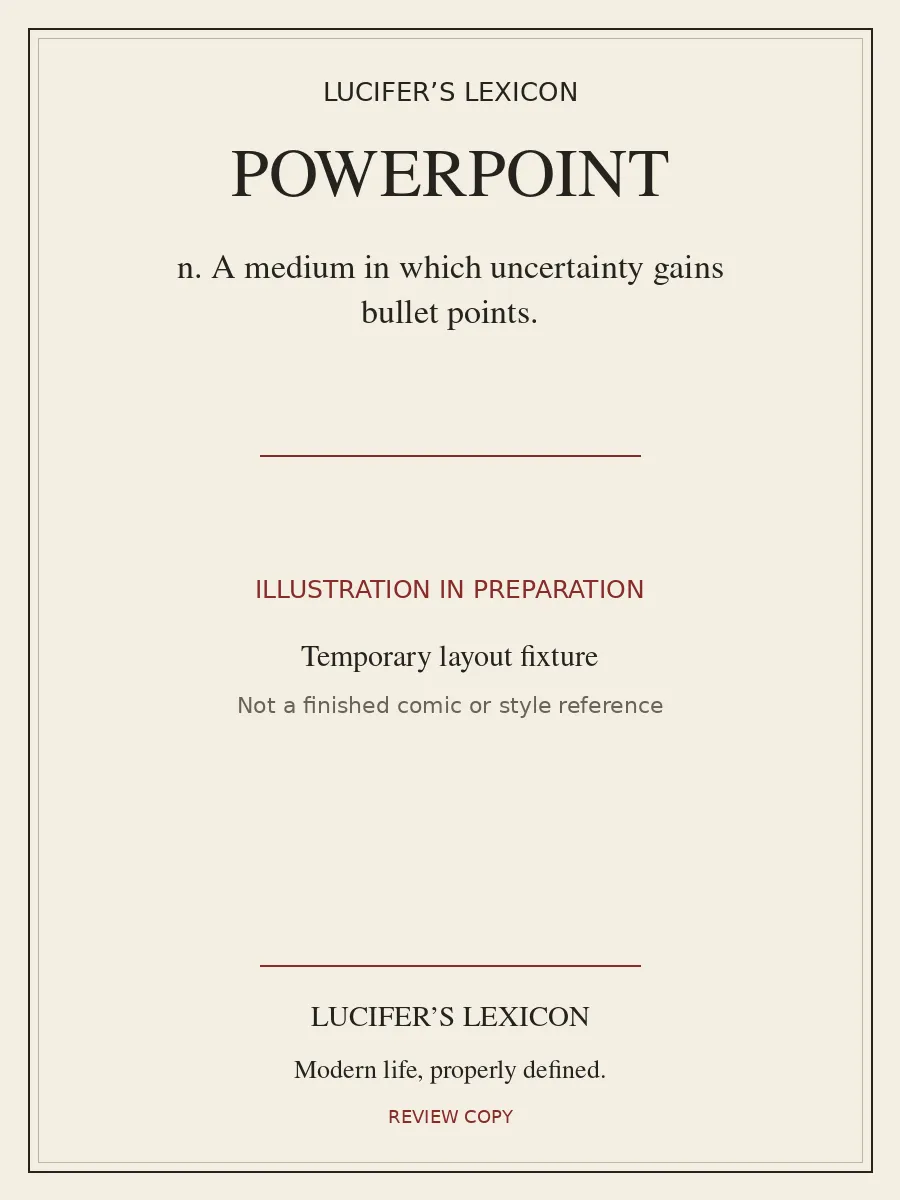 Temporary typographic card for POWERPOINT, labelled illustration in preparation. No finished cartoon is included.