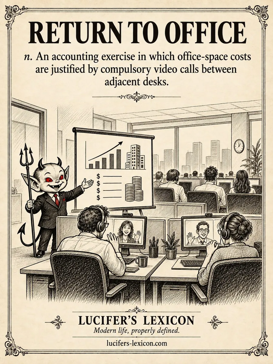 A hand-drawn satirical comic showing Lucifer presenting office-space costs while two colleagues sitting at adjacent desks conduct a compulsory video call with one another.