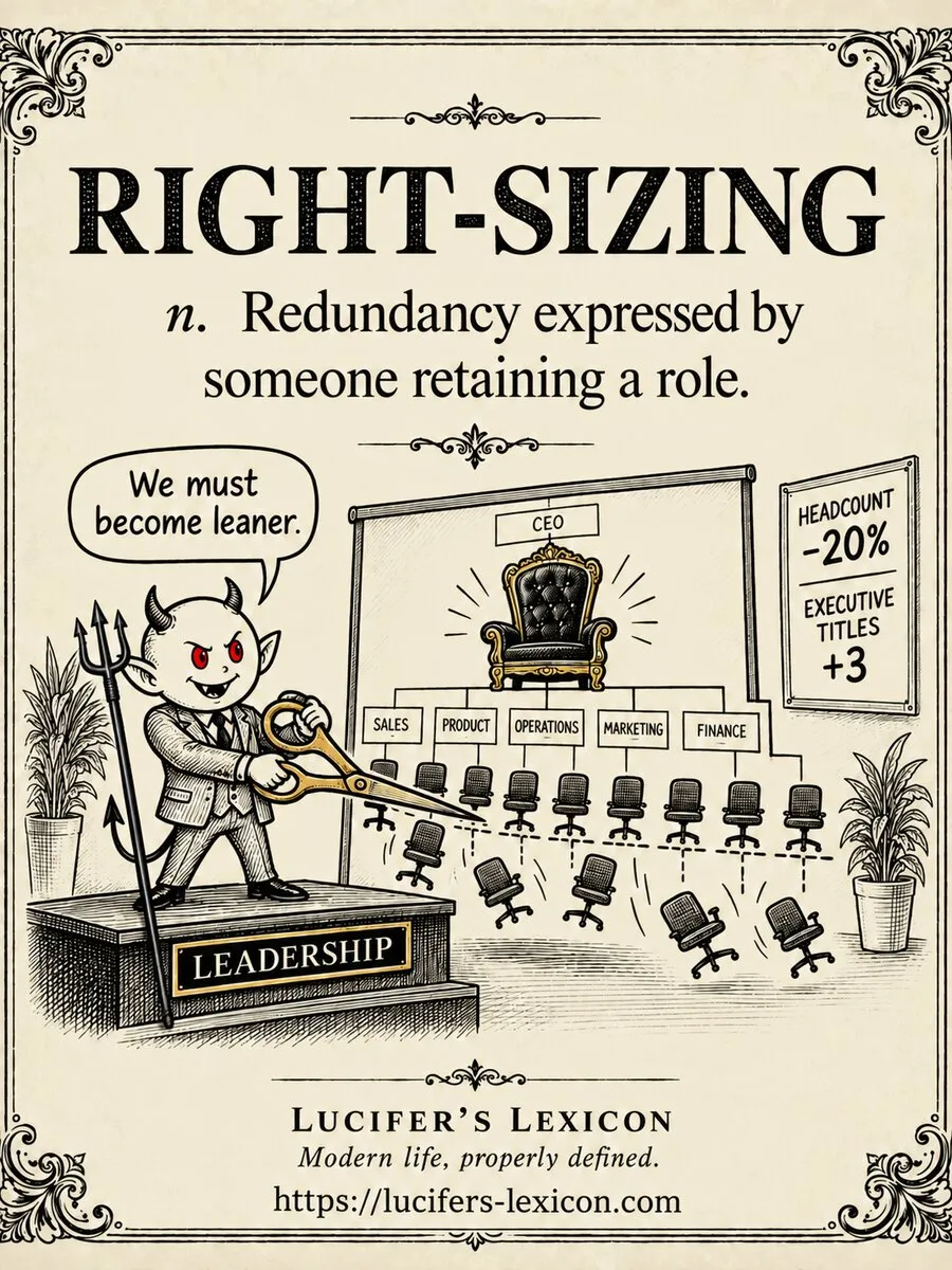 A hand-drawn satirical comic showing Lucifer on a leadership platform cutting employee chairs from an organisation chart while the executive chair grows.
