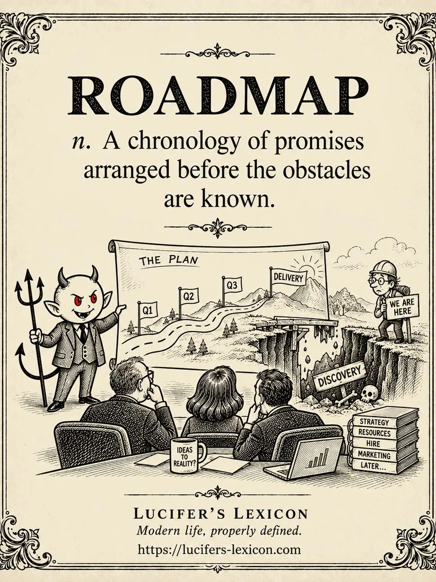 A hand-drawn satirical comic showing Lucifer presenting a neat product roadmap while an engineer stands at the edge of a broken bridge labelled discovery.