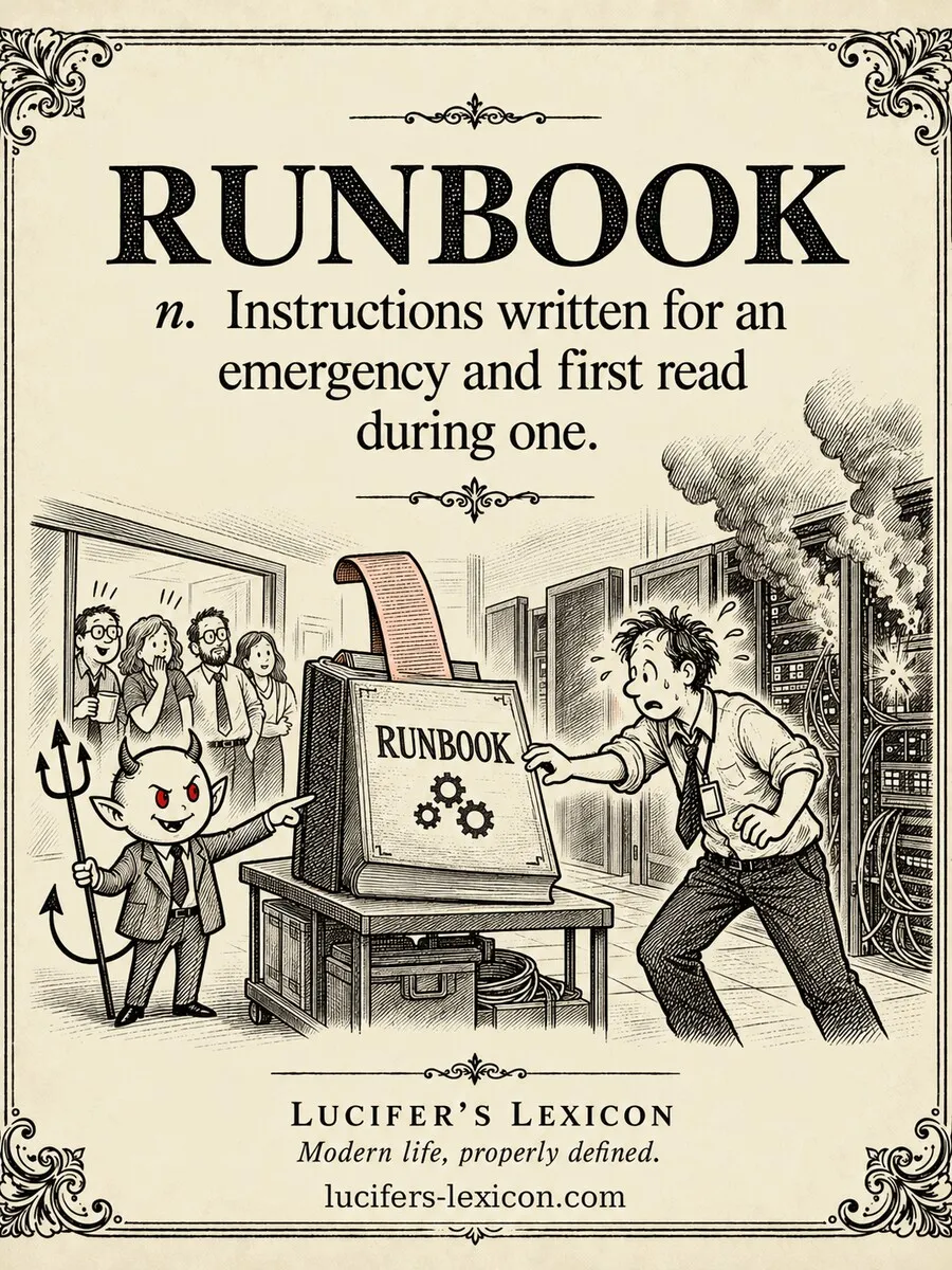 A hand-drawn satirical comic showing an engineer reaching for a runbook during a smoking server-room emergency, while Lucifer calmly points to the manual.