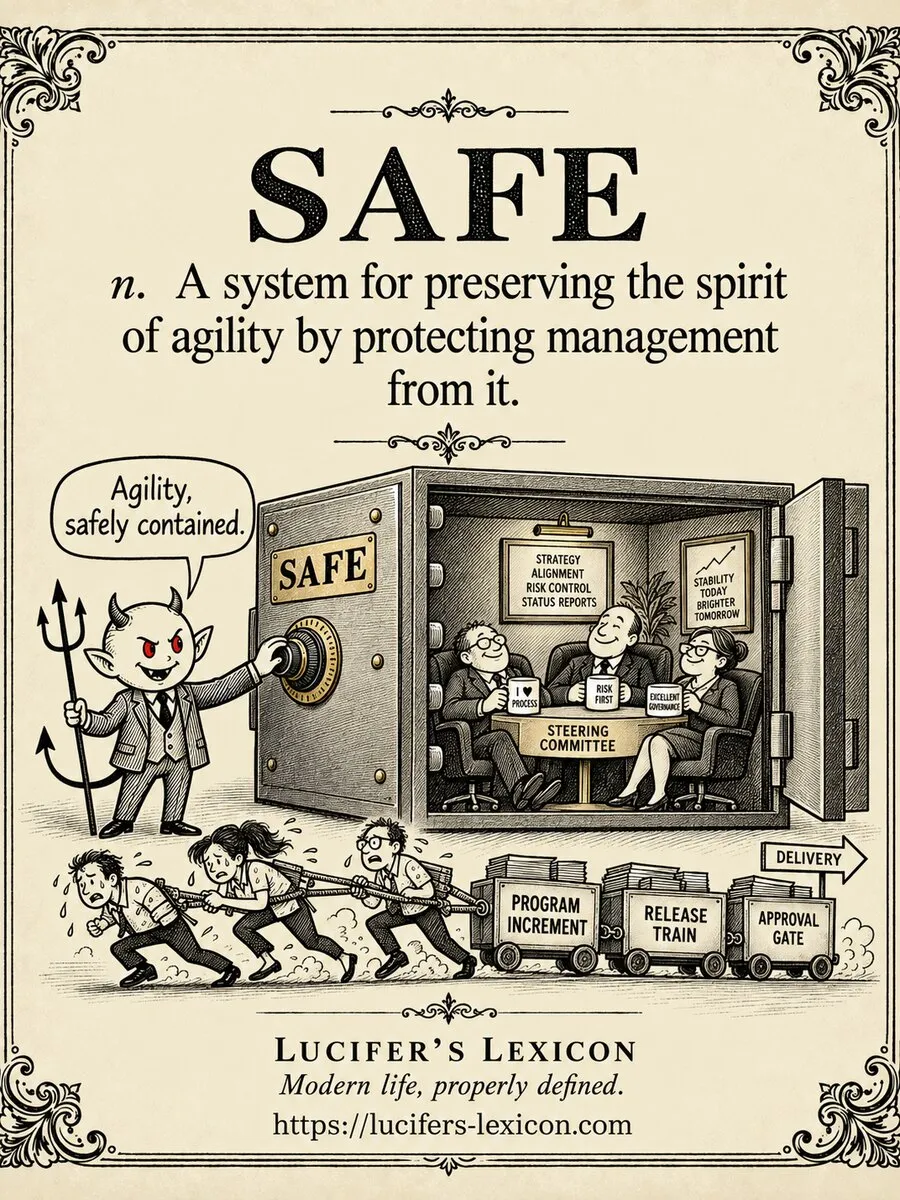 A hand-drawn satirical comic showing Lucifer locking comfortable management inside a safe while an agile delivery team drags a train of bureaucracy outside.