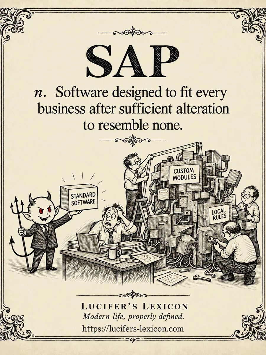 A hand-drawn satirical comic showing Lucifer presenting standard SAP software while a business owner receives a heap of custom modules, legacy interfaces and local rules.