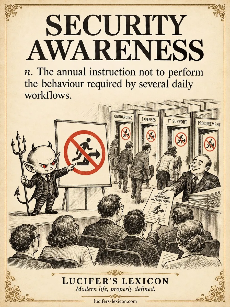 A hand-drawn satirical comic showing Lucifer presenting a prohibition sign while staff are directed through daily workflow doors requiring the prohibited behaviour.