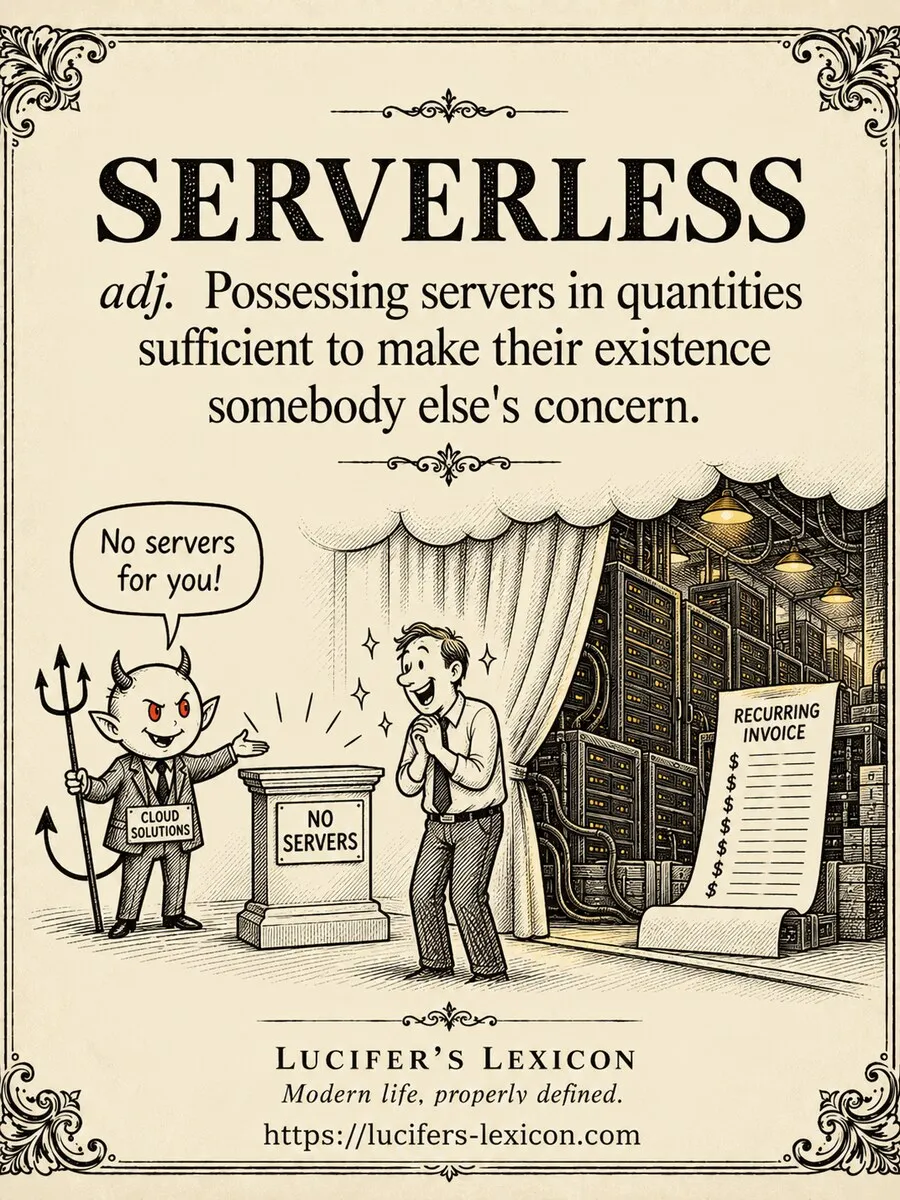 A hand-drawn satirical comic showing Lucifer selling an empty serverless plinth while a curtain barely conceals a warehouse full of server racks and a recurring invoice.