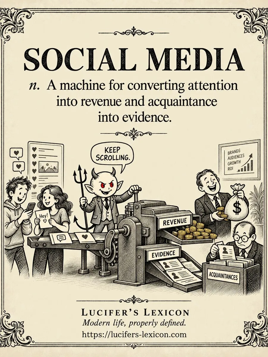 A hand-drawn satirical comic showing Lucifer feeding friendly social interactions into a machine that produces revenue for an advertiser and evidence dossiers about acquaintances.
