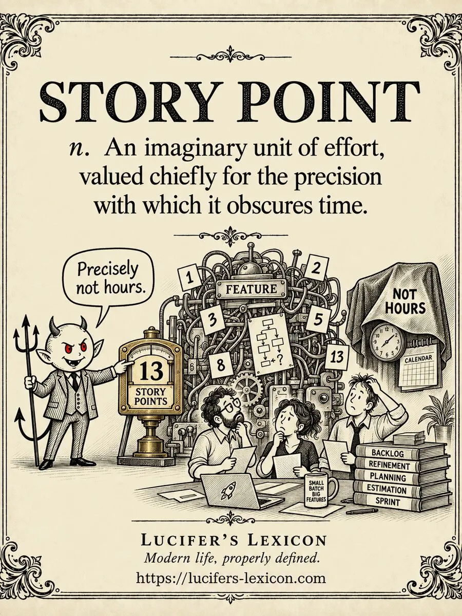 A hand-drawn satirical comic showing Lucifer assigning exactly thirteen story points to a tangled feature while a real clock and calendar remain hidden under a cloth.