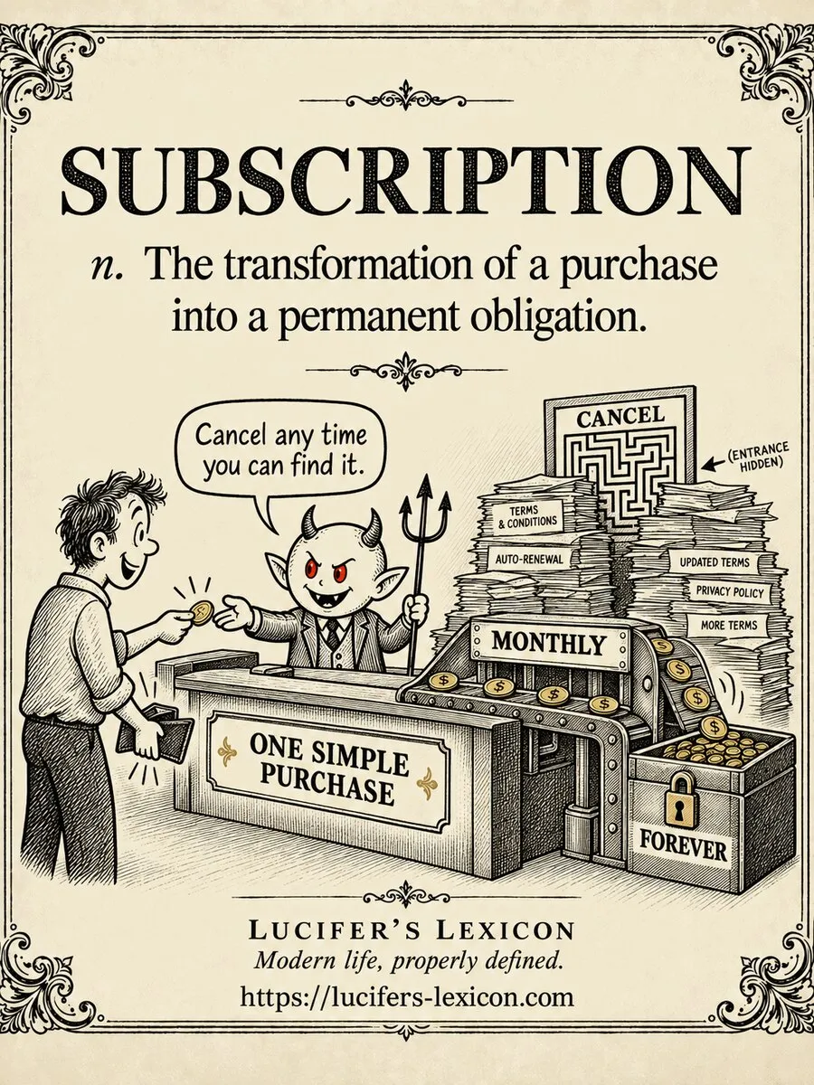 A hand-drawn satirical comic showing Lucifer turning one simple purchase into an endless monthly conveyor of coins while cancellation remains hidden behind paperwork.