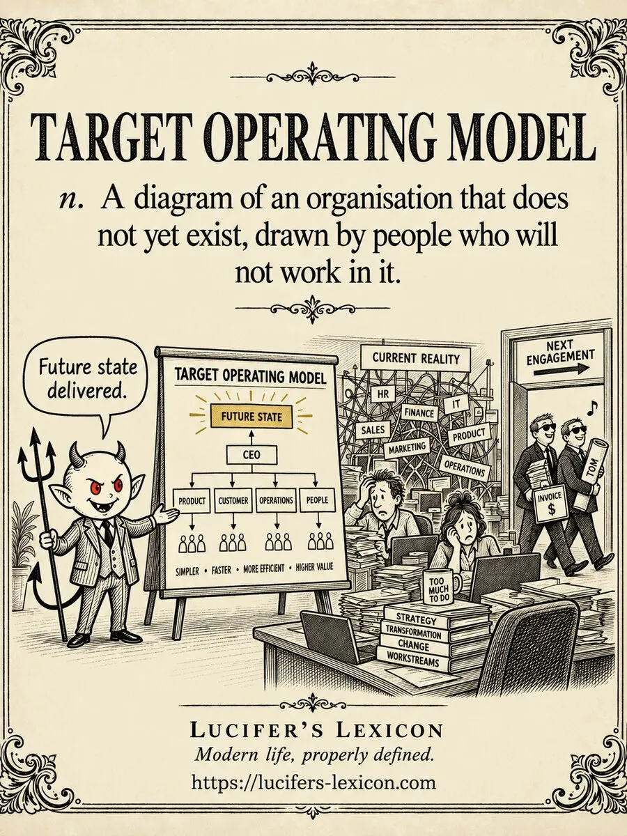 A hand-drawn satirical comic showing Lucifer presenting a pristine target operating model while employees struggle in the tangled current reality and its consultants leave.