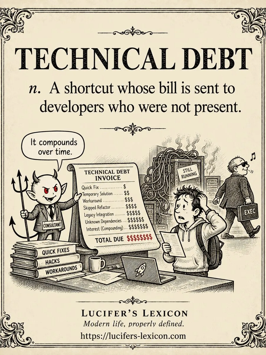 A hand-drawn satirical comic showing Lucifer presenting an itemised technical-debt invoice to a new developer while an executive exits past an ageing, tangled machine.