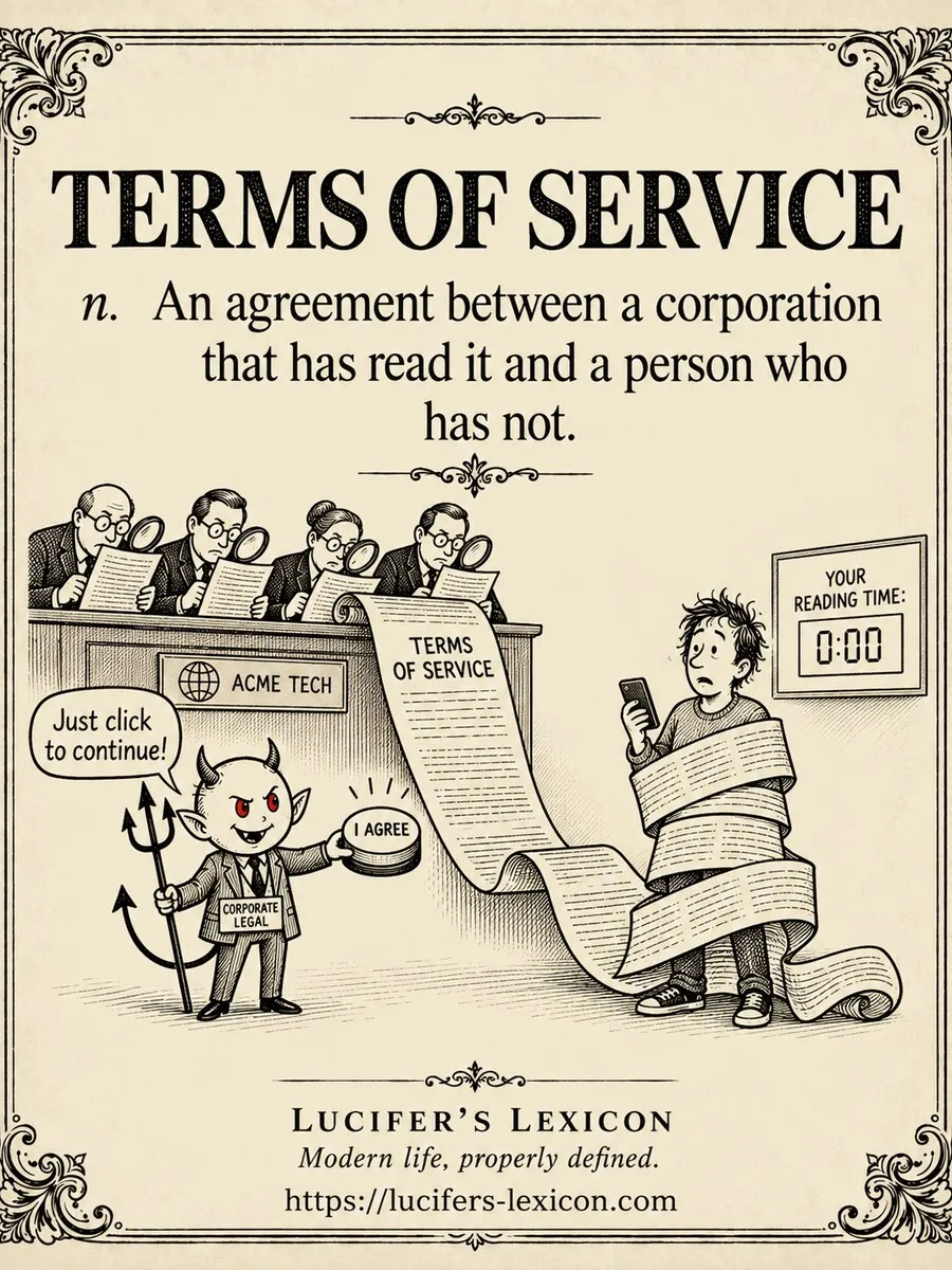 A hand-drawn satirical comic showing corporate lawyers reading a vast terms-of-service scroll while it coils around a user whose reading time remains at zero and Lucifer offers an I Agree button.