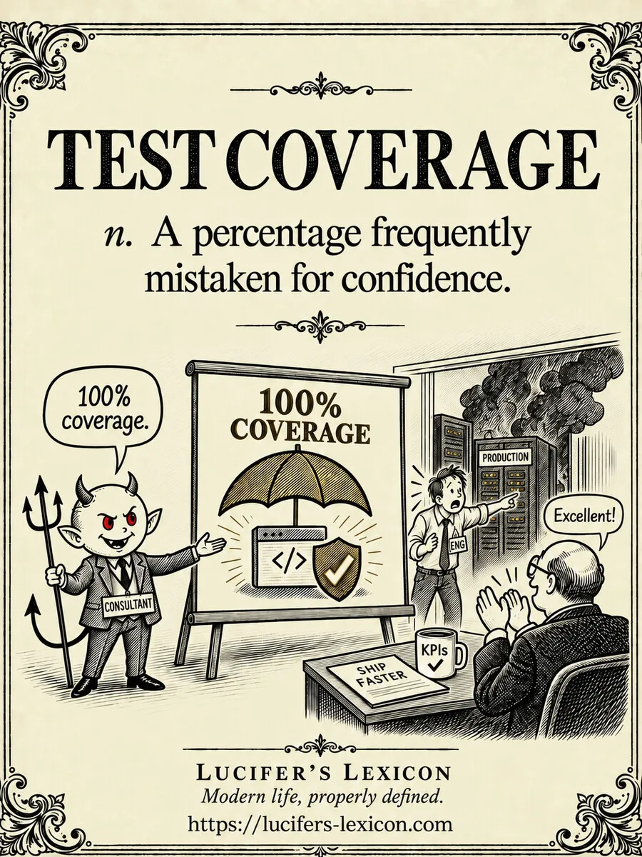 A hand-drawn satirical comic showing Lucifer celebrating a 100% test-coverage display while production smoulders behind it and an engineer tries to warn an applauding executive.